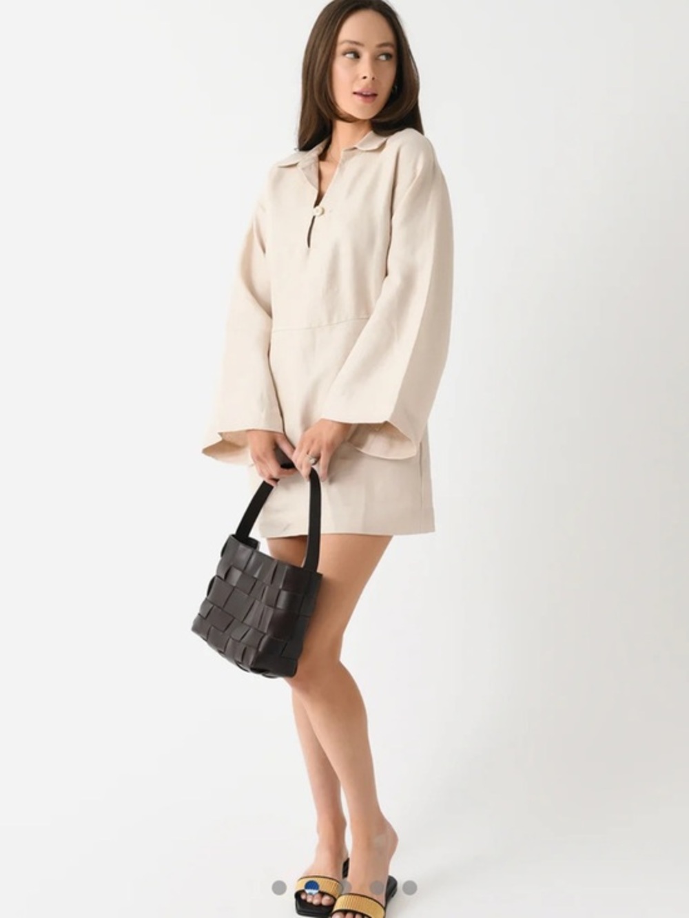 Bondi Born Dress Delphi Mini Relaxed Sleeve in Linen Natural Cream